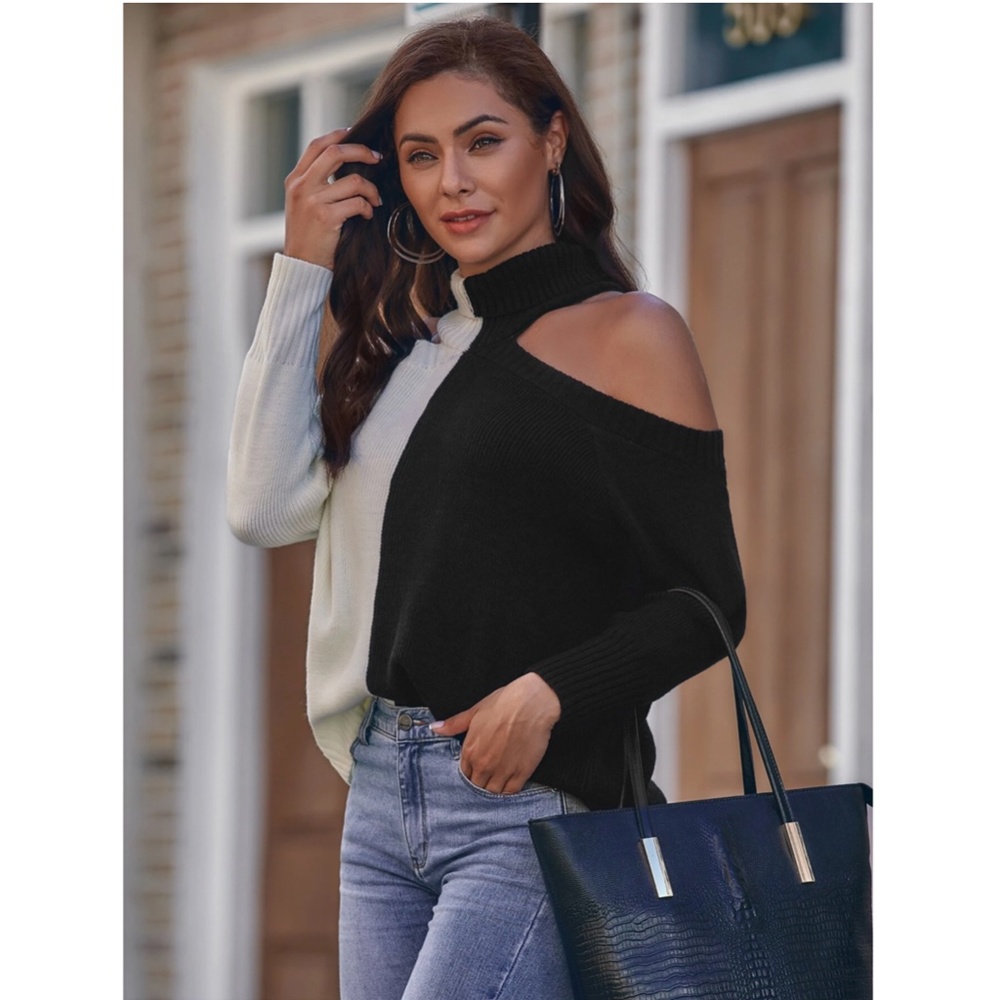 Cold Shoulder Colorblock Black and Off White Turtleneck Sweater - Picture 6 of 7